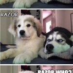 Daily Bad Dad Joke June 24 2020 | KNOCK KNOCK, WHO'S THERE? RAZOR; RAZOR WHO? RAZOR HANDS, THIS IS A STICK UP! | image tagged in knock knock dogs | made w/ Imgflip meme maker