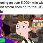 Surprised Milo | “Seeing an over 5,000+ mile wide; dust storm coming to the USA”; Me: | image tagged in surprised milo murphy | made w/ Imgflip meme maker