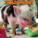 Pig out on birthday cake | TIME TO PIG OUT | image tagged in pig out on birthday cake | made w/ Imgflip meme maker