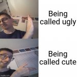 Call me cute as you wish, it'll make me feel a bit better.  Also, links for more of my profiles on other sites in the comments | Being called ugly; Being called cute | image tagged in fred drake,legofreddygamer,drake hotline bling | made w/ Imgflip meme maker