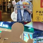 Jackson Yee McDonald's French Fry Ad Middle Finger | parents treating youngest kid; parents treating oldest kid | image tagged in jackson yee mcdonald's french fry ad middle finger | made w/ Imgflip meme maker