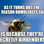 Bumblebee Airbender | AS IT TURNS OUT, THE REAL REASON BUMBLEBEES CAN FLY; IS BECAUSE THEY'RE SECRETLY AIRBENDERS! | image tagged in bumblebee in flight | made w/ Imgflip meme maker
