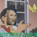 butterpigeon | This is a; BUTTERPIGEON | image tagged in surreal pigeon | made w/ Imgflip meme maker