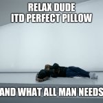 Relax boi | RELAX DUDE
ITD PERFECT PILLOW; AND WHAT ALL MAN NEEDS | image tagged in drake | made w/ Imgflip meme maker