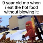 Hot | 9 year old me when i eat the hot food without blowing it: | image tagged in could i be the green ninja,memes,kids,food | made w/ Imgflip meme maker