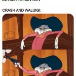 I Have A Gun | SMASH ULTIMATE:MIN MIN; CRASH AND WALUIGI: | image tagged in bugs bunny shooting | made w/ Imgflip meme maker