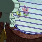 Squidward watching Spongebob and Patrick from window