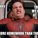title | TRYING TO MAKE MY PARENTS HAPPY AT THE SAME TIME; TRYING TO MAKE HER HAPPY; WHILE HAVING MORE HOMEWORK THAN THE HAIR ON MY FACE | image tagged in spiderman train | made w/ Imgflip meme maker