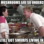 those mushrooms are so undercooked | THOSE MUSHROOMS ARE SO UNDERCOOKED THEY STILL GOT SMURFS LIVING IN THEM | image tagged in memes,angry chef gordon ramsay,smurfs,those mushrooms are so undercooked | made w/ Imgflip meme maker