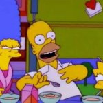 Happy Homer, Angry Marge and Curious Lisa at the table