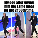 If I have something 2 days in a row, I am sick of it. | My dog after giving him the same meal for the 2456th time. | image tagged in theresa may walking,dogs,happy | made w/ Imgflip meme maker