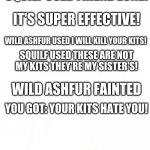 Ashfur | A WILD ASHFUR APPEARED! WHAT WILL SQUILF DO? SQUILF USED FRIEND ZONE! IT'S SUPER EFFECTIVE! WILD ASHFUR USED I WILL KILL YOUR KITS! SQUILF USED THESE ARE NOT MY KITS THEY'RE MY SISTER'S! WILD ASHFUR FAINTED; YOU GOT: YOUR KITS HATE YOU! | image tagged in blank pokemon meme | made w/ Imgflip meme maker