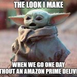 No Prime Delivery | THE LOOK I MAKE; WHEN WE GO ONE DAY WITHOUT AN AMAZON PRIME DELIVERY | image tagged in baby yoda surprised | made w/ Imgflip meme maker