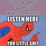 I am THE impatient planter | *plant a seed*; *water it*; *wait 30 seconds* | image tagged in now listen here you little shit,gardening,plants,seeds | made w/ Imgflip meme maker