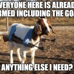 Armed and Dangerous | EVERYONE HERE IS ALREADY ARMED INCLUDING THE GOAT; ANYTHING ELSE I NEED? | image tagged in isis stealth weapon,funny goat,armed goat | made w/ Imgflip meme maker