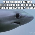 Awkward Shark | WHEN YOUR DAD'S TALKING ABOUT OLD MUSIC AND YOU'RE NOT SURE IF YOU SHOULD ASK 'WHO?' OR 'WHAT?' | image tagged in awkward shark | made w/ Imgflip meme maker