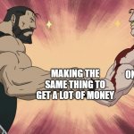 Manly handshake | EA; TWITCH / ONYFAN THOTS; MAKING THE SAME THING TO GET A LOT OF MONEY | image tagged in manly handshake | made w/ Imgflip meme maker