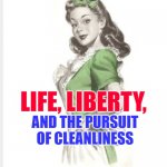 Housewife Independence | LIFE, LIBERTY, AND THE PURSUIT OF CLEANLINESS | image tagged in 50's housewife,independence day,4th of july,funny memes,america,sayings | made w/ Imgflip meme maker