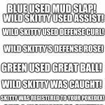 Great | A WILD RARE 1 IN A 100% CHANCE SKITTY APPEARED! GO, BLUE! WHAT WILL BLUE DO? BLUE USED MUD SLAP! WILD SKITTY USED ASSIST! WILD SKITTY USED DEFENSE CURL! WILD SKITTY'S DEFENSE ROSE! GREEN USED GREAT BALL! WILD SKITTY WAS CAUGHT! SKITTY WAS REGISTERED TO YOUR POKEDEX! GIVE A NICKNAME TO SKITTY? SEVERAL SKITTYS KEEP APPEARING EVEN THOUGH THE PROBABILITY OF FINDING ONE IS 1 IN 100! | image tagged in blank pokemon meme | made w/ Imgflip meme maker