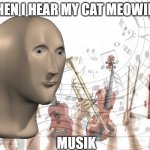 Not sure if this meme is funny or not... | WHEN I HEAR MY CAT MEOWING; MUSIK | image tagged in meme man music,music,cats,meow,meme man,memes | made w/ Imgflip meme maker
