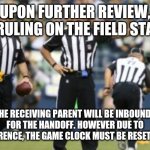 nfl referee  | UPON FURTHER REVIEW, THE RULING ON THE FIELD STANDS; THE RECEIVING PARENT WILL BE INBOUNDS FOR THE HANDOFF. HOWEVER DUE TO INTERFERENCE, THE GAME CLOCK MUST BE RESET TO 1:00. | image tagged in nfl referee | made w/ Imgflip meme maker