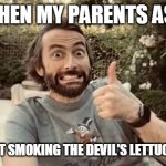 When my parents ask "you are not smoking the devil's lettuce are you?" | WHEN MY PARENTS ASK; "YOU ARE NOT SMOKING THE DEVIL'S LETTUCE ARE YOU?" | image tagged in david tennant crazy,funny,david tennant,marijuana,smiling,crazy | made w/ Imgflip meme maker