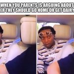 Takeoff | WHEN YOU PARENTS IS ARGUING ABOUT WHETHER THEY SHOULD GO HOME OR GET DAIRY QUEEN | image tagged in takeoff,relatable,offset,quavo,migos | made w/ Imgflip meme maker