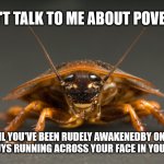 Cockroach | DON'T TALK TO ME ABOUT POVERTY; UNTIL YOU'VE BEEN RUDELY AWAKENEDBY ONE OF THESE GUYS RUNNING ACROSS YOUR FACE IN YOUR SLEEP... | image tagged in cockroach | made w/ Imgflip meme maker