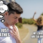 Crush | ME THINKING WHAT DID I DO NOW... MY CRUSH : YOU ARE SO IRRITATING; ME : JUST BREATHES | image tagged in girlfriend walks away | made w/ Imgflip meme maker