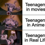 Anime vs. Real Life | Teenagers in movies; Teenagers in Anime; Teenagers in Real Life | image tagged in bugs bunny muscle evolution,funny,dank memes,memes,anime | made w/ Imgflip meme maker