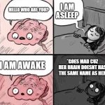 Brain wake | I AM ASLEEP; HELLO WHO ARE YOU? *GOES MAD CUZ HER BRAIN DOESNT HAS THE SAME NAME AS HER; I AM AWAKE | image tagged in brain wake | made w/ Imgflip meme maker
