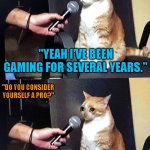 Cat interview crying | "YEAH I'VE BEEN GAMING FOR SEVERAL YEARS."; "DO YOU CONSIDER YOURSELF A PRO?" | image tagged in cat interview crying | made w/ Imgflip meme maker