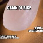 worlds smallest computer | GRAIN OF RICE; WORLDS SMALLEST COMPUTER; THE AMOUNT OF PEOPLE WHO ARE GONNA DISCOVER MY TEMPLATES | image tagged in worlds smallest computer | made w/ Imgflip meme maker