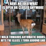 What is open and what is closed? It changes everyday! | I HAVE NO IDEA WHAT IS OPEN OR CLOSED ANYMORE; I JUST WALK TOWARDS AUTOMATIC DOORS AND IF MY FACE HITS THE GLASS, I TURN AROUND AND GO HOME | image tagged in deer,closed,open,coronavirus,memes,funny | made w/ Imgflip meme maker