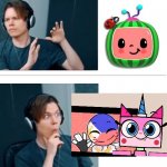 Weird cocomelon | image tagged in roomie drake format,cocomelon,countryhumans,unikitty | made w/ Imgflip meme maker