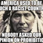Racist to the core we are. | AMERICA USED TO BE SUCH A RACIST COUNTRY; NOBODY ASKED OUR OPINION ON PROHIBITION | image tagged in american indian | made w/ Imgflip meme maker