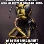 To sting, or not to sting | TO STING OR NOT TO STING? THAT IS THE QUESTION—WHETHER 'TIS NOBLER IN THE MIND TO SUFFER THE SLINGS AND ARROWS OF OUTRAGEOUS FORTUNE, OR TO TAKE ARMS AGAINST A SEA OF TROUBLES, AND, BY STINGING, END BOTH ME AND THEM? | image tagged in perplexed murder hornet,shakespeare,memes | made w/ Imgflip meme maker