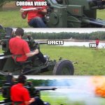 Cannon destruction | CORONA VIRUS; EFFECTS; YOU | image tagged in cannon destruction | made w/ Imgflip meme maker