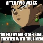 Goku Black Serious | AFTER TWO WEEKS; YOU FILTHY MORTALS SHALL BE TREATED WITH TRUE MEMES | image tagged in goku black serious | made w/ Imgflip meme maker
