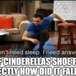 i dont need sleep i need answers | IF CINDERELLAS SHOE FIT PERFECTLY HOW DID IT FALL OFF ? | image tagged in i dont need sleep i need answers | made w/ Imgflip meme maker
