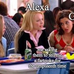 Mean Girls Lunch Table | Google; Alexa; Siri; me asking them to tell me a fart joke for the umpteenth time | image tagged in mean girls lunch table,farts,farting,alexa,google,siri | made w/ Imgflip meme maker