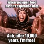 Rita Repulsa meme | When you open food past its expiration date; Aah, after 10,000 years, I'm free! | image tagged in rita repulsa | made w/ Imgflip meme maker