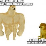 Big dog small dog | GETTING KARMA FOR BEING DEPRESSED AND FINALLY CLEANING MY ROOM; CLEANING MY ROOM ALL THE TIME AND NEVER GETTING KARMA | image tagged in big dog small dog | made w/ Imgflip meme maker