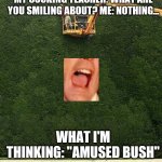 Another "what I'm really thinking" meme | MY COOKING TEACHER: WHAT ARE YOU SMILING ABOUT? ME: NOTHING... WHAT I'M THINKING: "AMUSED BUSH" | image tagged in trimming the bushes | made w/ Imgflip meme maker