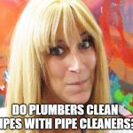 ditzy blonde | DO PLUMBERS CLEAN PIPES WITH PIPE CLEANERS? | image tagged in ditzy blonde | made w/ Imgflip meme maker