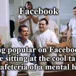 Facebook | Facebook; Being popular on Facebook is like sitting at the cool table in the cafeteria of a mental hospital. | image tagged in facebook | made w/ Imgflip meme maker