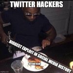 Twitter hackers | TWITTER HACKERS; BIGGEST EXPLOIT IN SOCIAL MEDIA HISTORY; BITCOIN SCAM | image tagged in overkill sword,twitter | made w/ Imgflip meme maker