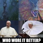 pope your collar dilophosaur | WHO WORE IT BETTER? | image tagged in dilophosaurus pope,jurassic park,catholic,pope,fashion,collar | made w/ Imgflip meme maker