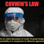 I didn't mention Nazis. | COVWIN'S LAW; As an online discussion of Covid-19 grows longer, the probability of a comparison to influenza approaches 1 | image tagged in virus protection,memes,godwins law,covid-19,flu | made w/ Imgflip meme maker