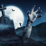 Gravestone + zombie arm rises from ground + full moon